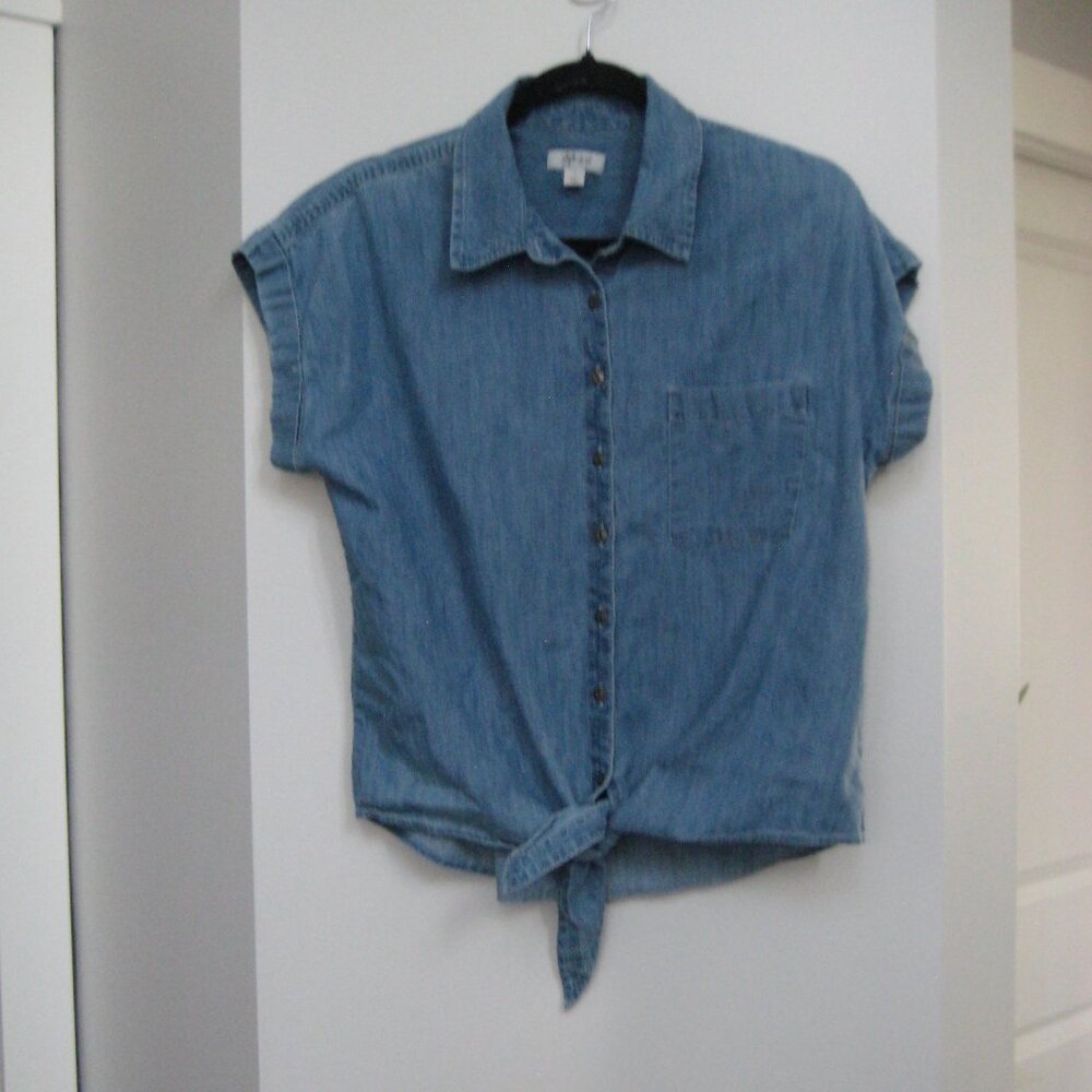 Denim front tie button down ladies top